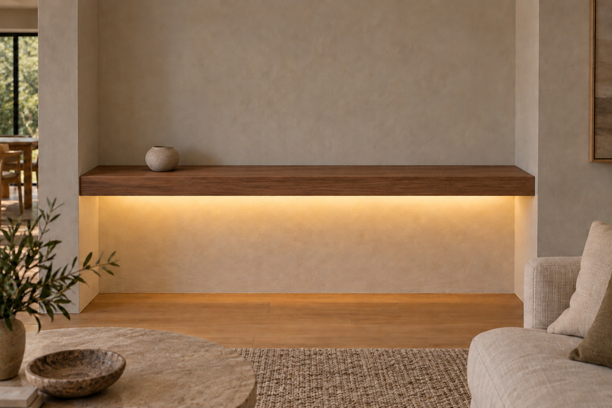 Gentry Stinson Walnut Floating Shelf | 66″ × 8″ × 3″ | Wall to Wall | Natural | LED Light Ready — Bottom Rear location; rendering with separately supplied LED tape