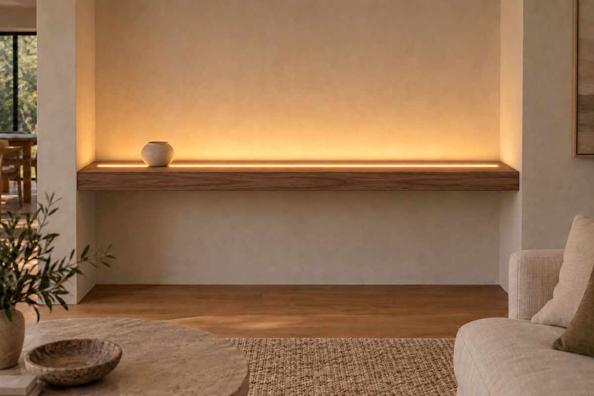 Gentry Stinson Walnut Floating Shelf | 66″ × 8″ × 3″ | Wall to Wall | Natural | LED Light Ready — Top Front location; rendering with separately supplied LED tape