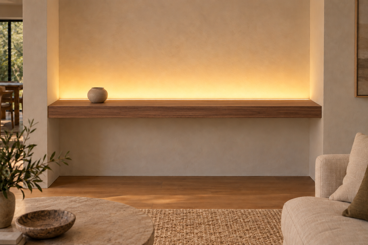 Gentry Stinson Walnut Floating Shelf | 66″ × 8″ × 3″ | Wall to Wall | Natural | LED Light Ready — Top Rear location; rendering with separately supplied LED tape
