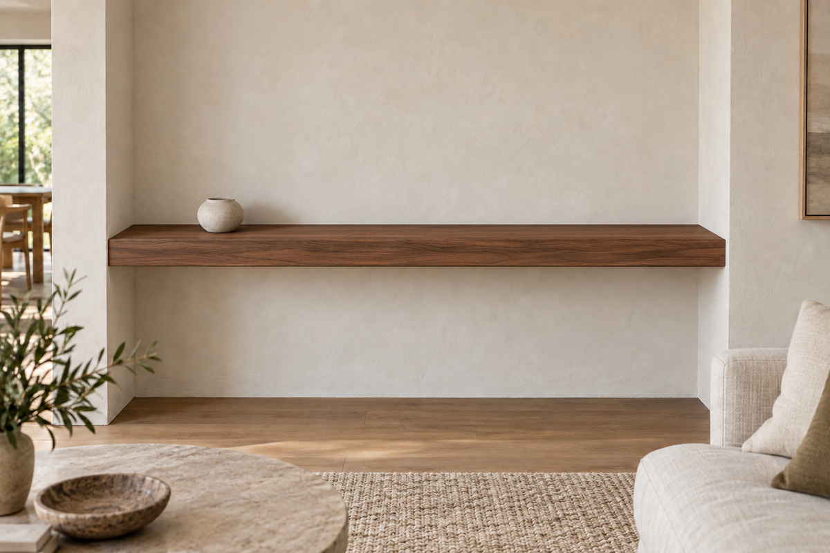 66 × 8 × 3 inch natural walnut floating shelf, wall-to-wall mount, unlit, living-room rendering
