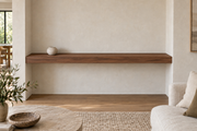 66 × 8 × 3 inch natural walnut floating shelf, wall-to-wall mount, unlit, living-room rendering