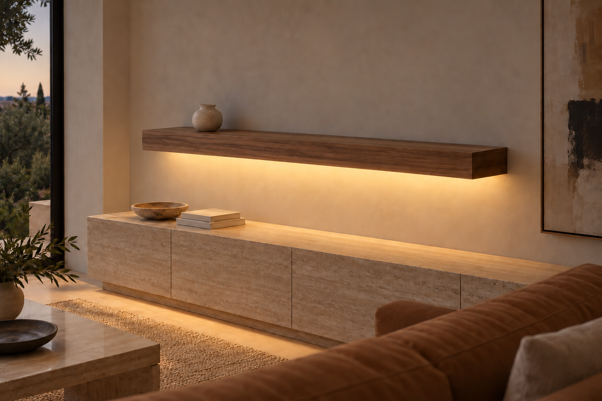 Gentry Stinson Walnut Floating Shelf | 66″ × 8″ × 4″ | Standard Mount | Natural | LED Light Ready — Bottom Front location; rendering with separately supplied LED tape