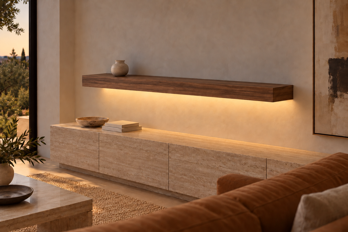 Gentry Stinson Walnut Floating Shelf | 66″ × 8″ × 4″ | Standard Mount | Natural | LED Light Ready — Bottom Rear location; rendering with separately supplied LED tape