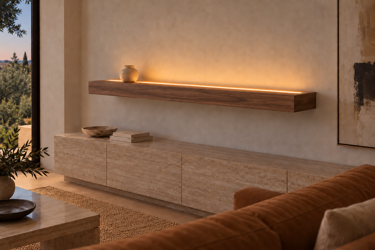 Gentry Stinson Walnut Floating Shelf | 66″ × 8″ × 4″ | Standard Mount | Natural | LED Light Ready — Top Front location; rendering with separately supplied LED tape