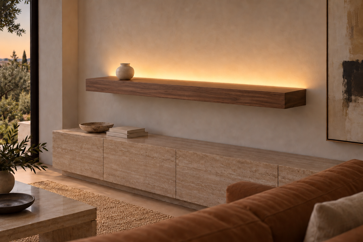 Gentry Stinson Walnut Floating Shelf | 66″ × 8″ × 4″ | Standard Mount | Natural | LED Light Ready — Top Rear location; rendering with separately supplied LED tape