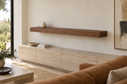 66 × 8 × 4 inch natural walnut floating shelf, standard mount, unlit, living-room rendering