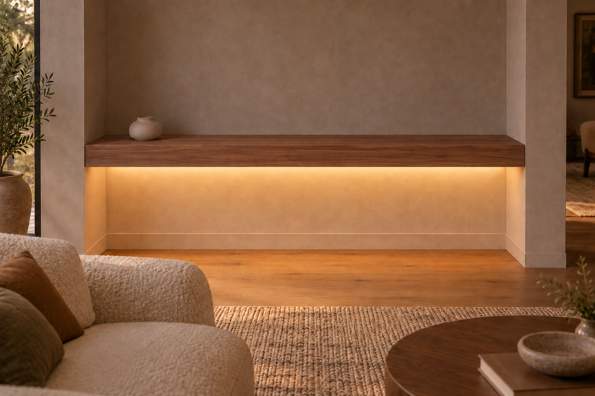 Gentry Stinson Walnut Floating Shelf | 66″ × 8″ × 4″ | Wall to Wall | Natural | LED Light Ready — Bottom Front location; rendering with separately supplied LED tape