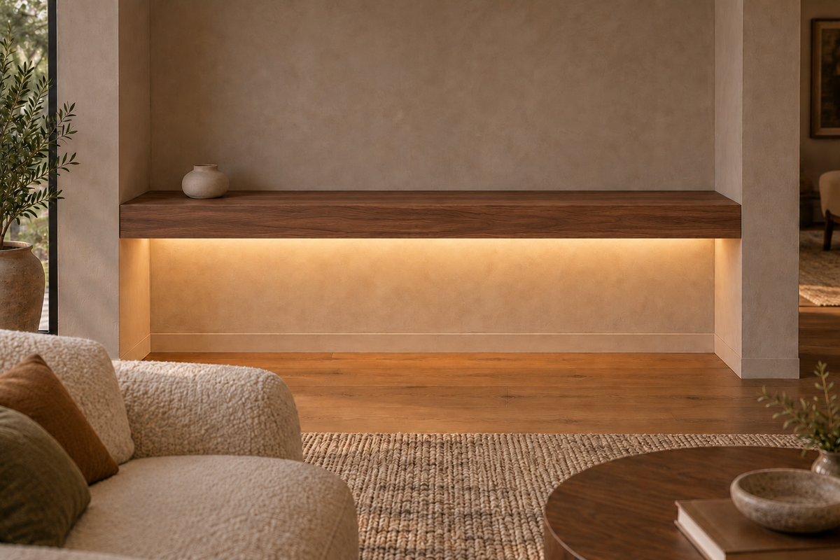 Gentry Stinson Walnut Floating Shelf | 66″ × 8″ × 4″ | Wall to Wall | Natural | LED Light Ready — Bottom Rear location; rendering with separately supplied LED tape