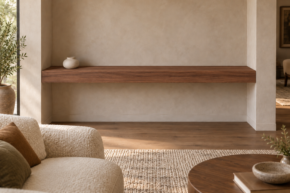 66 × 8 × 4 inch natural walnut floating shelf, wall-to-wall mount, unlit, living-room rendering