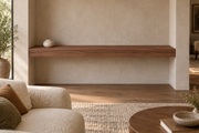 66 × 8 × 4 inch natural walnut floating shelf, wall-to-wall mount, unlit, living-room rendering