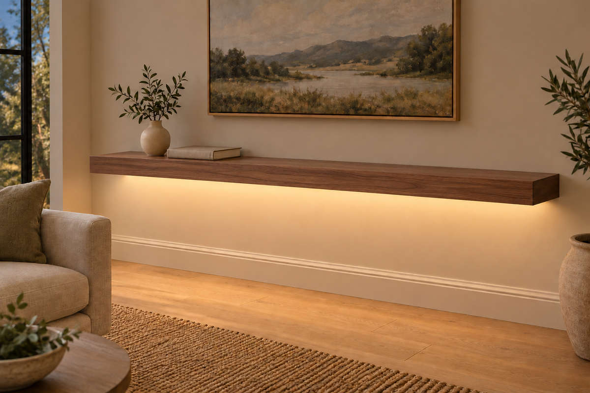 72 × 10 × 3 inch natural walnut floating shelf, standard mount, LED-ready Bottom Front location shown with separately supplied lighting, living-room rendering