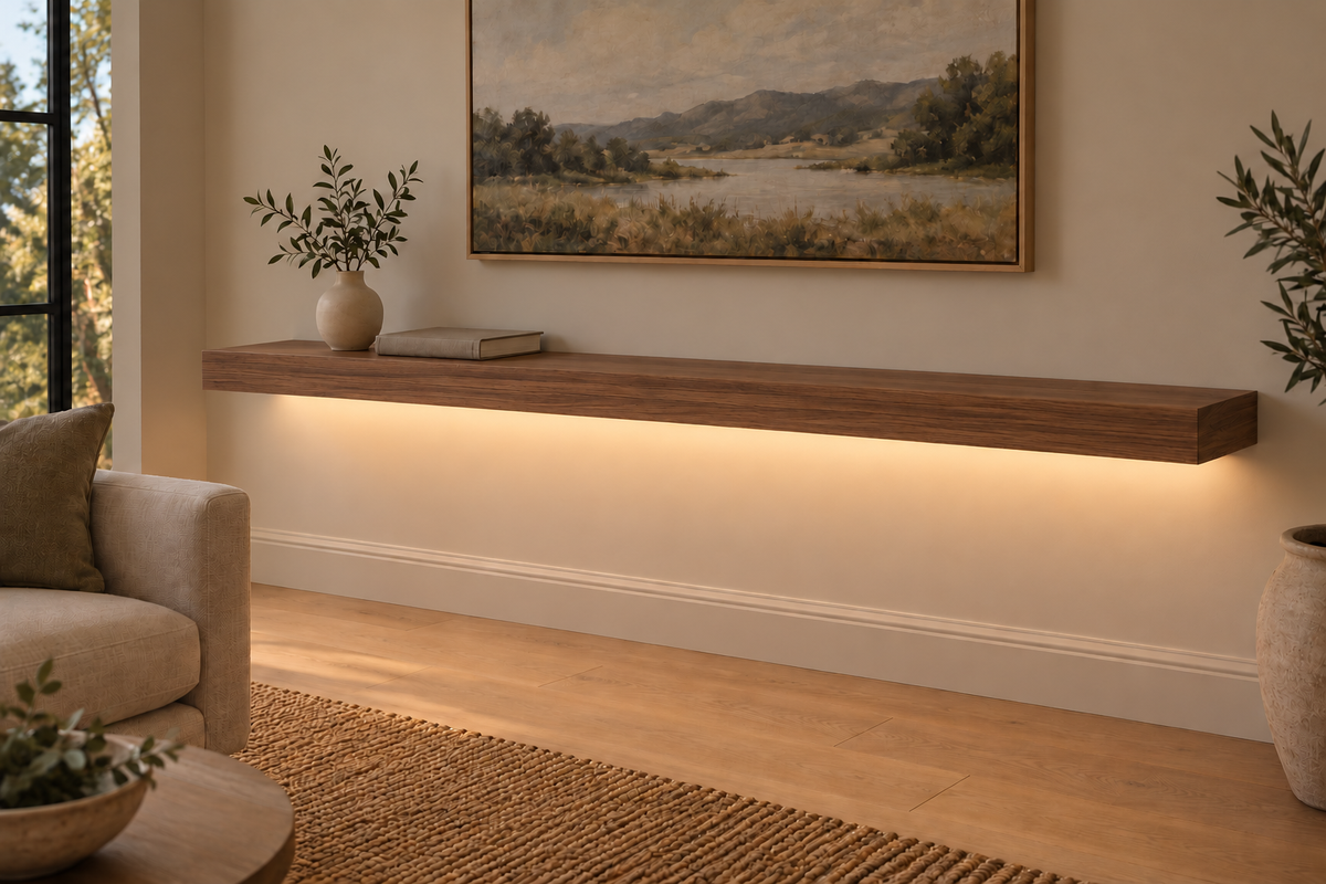 72 × 10 × 3 inch natural walnut floating shelf, standard mount, LED-ready Bottom Rear location shown with separately supplied lighting, living-room rendering