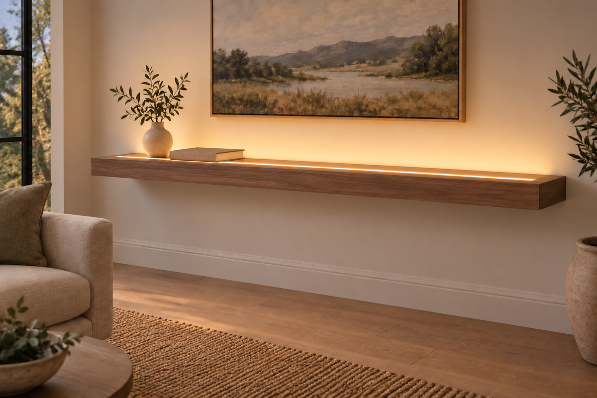 72 × 10 × 3 inch natural walnut floating shelf, standard mount, LED-ready Top Front location shown with separately supplied lighting, living-room rendering