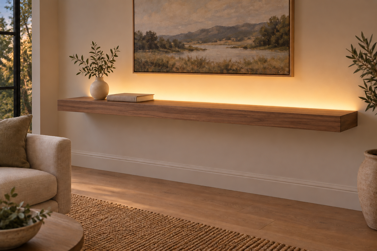 72 × 10 × 3 inch natural walnut floating shelf, standard mount, LED-ready Top Rear location shown with separately supplied lighting, living-room rendering