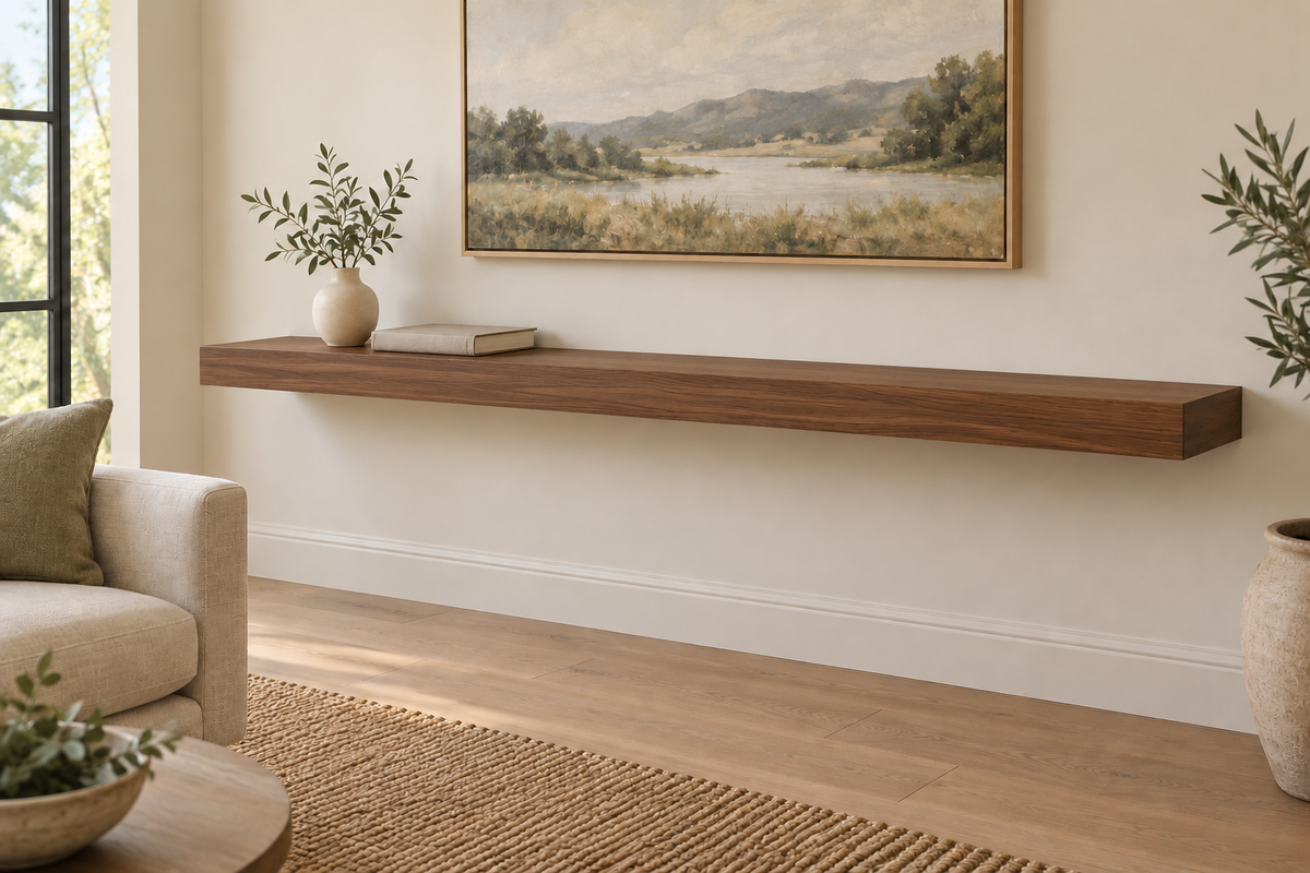 72 × 10 × 3 inch natural walnut floating shelf, standard mount, unlit, living-room rendering