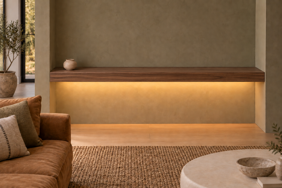 Gentry Stinson Walnut Floating Shelf | 72″ × 10″ × 3″ | Wall to Wall | Natural | LED Light Ready — Bottom Rear location; rendering with separately supplied LED tape