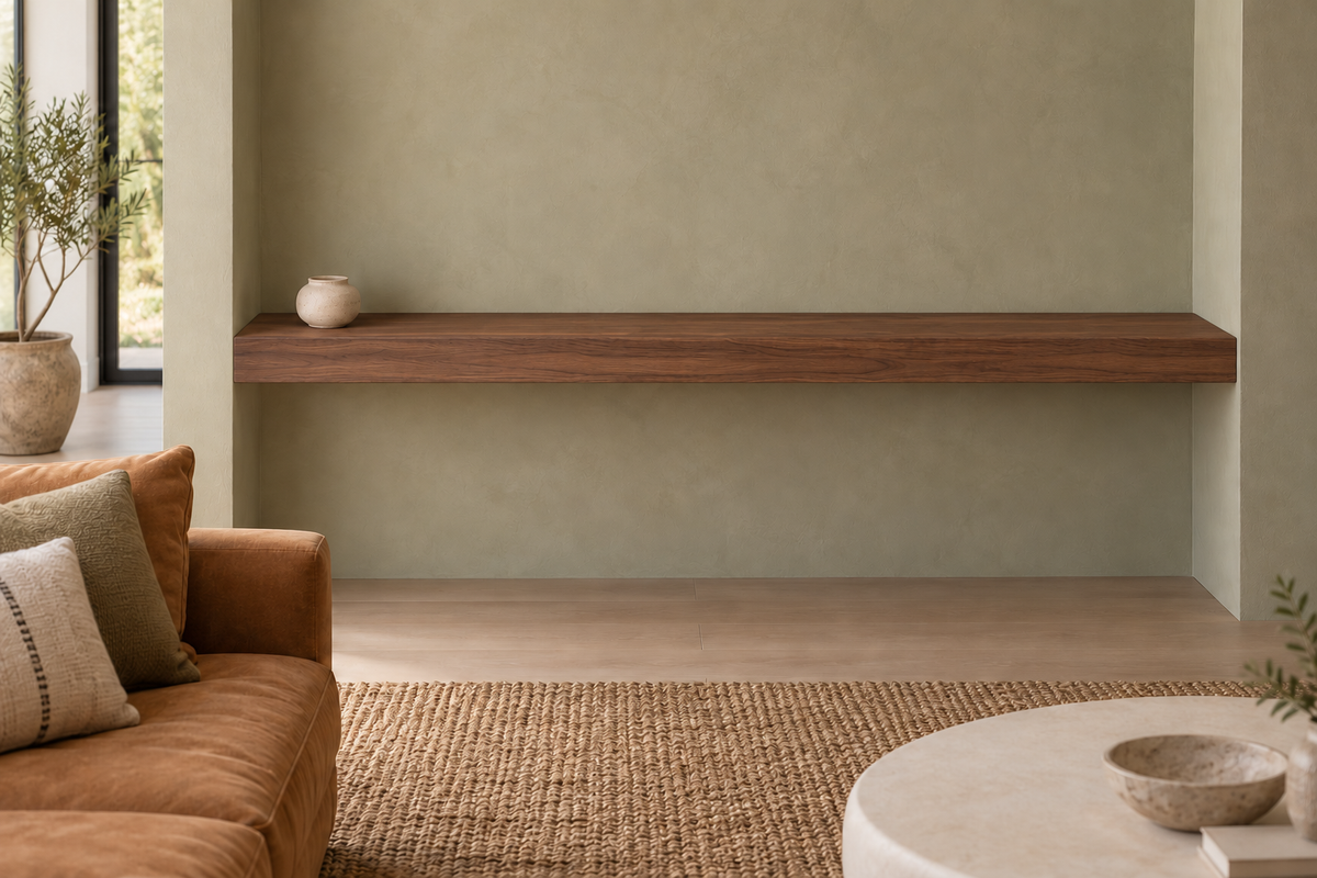 72 × 10 × 3 inch natural walnut floating shelf, wall-to-wall mount, unlit, living-room rendering