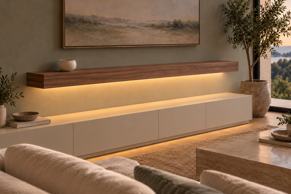 Gentry Stinson Walnut Floating Shelf | 72″ × 10″ × 4″ | Standard Mount | Natural | LED Light Ready — Bottom Front location; rendering with separately supplied LED tape