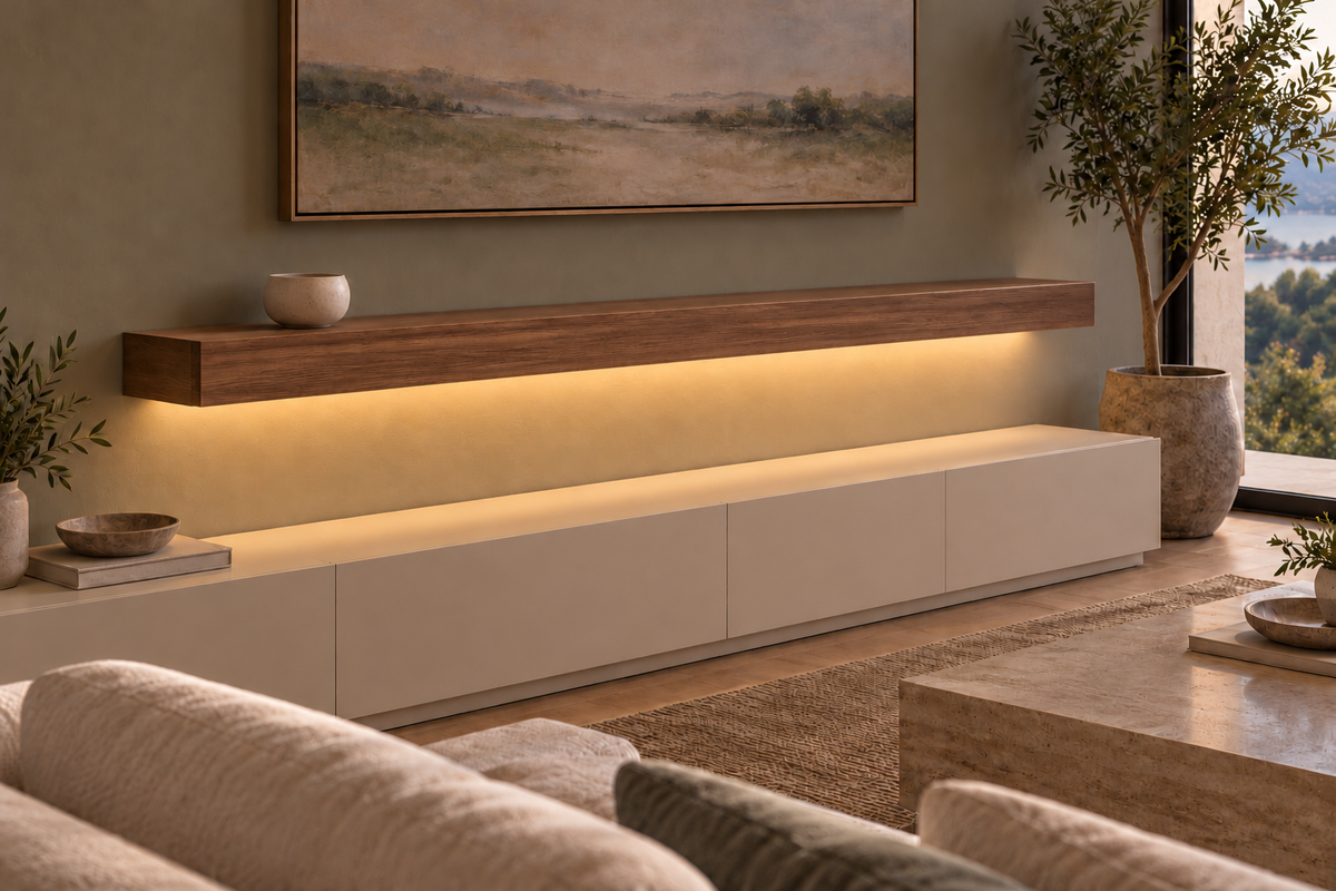 Gentry Stinson Walnut Floating Shelf | 72″ × 10″ × 4″ | Standard Mount | Natural | LED Light Ready — Bottom Rear location; rendering with separately supplied LED tape