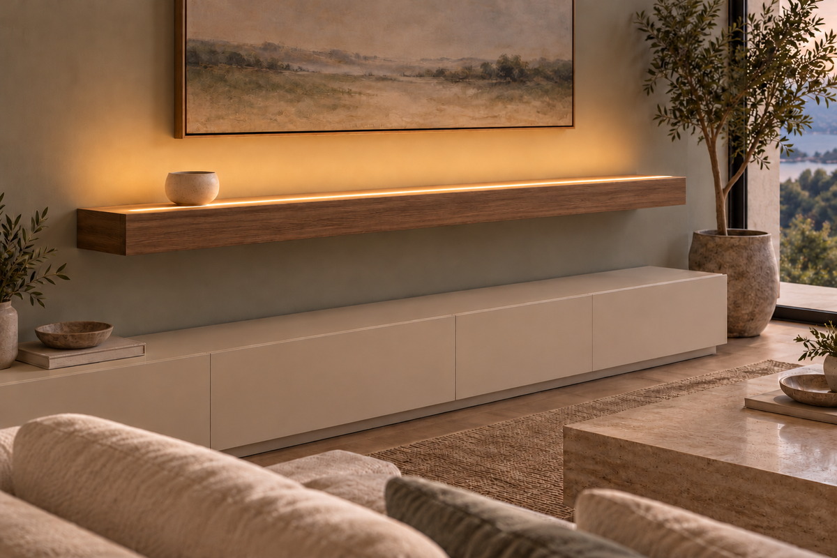 Gentry Stinson Walnut Floating Shelf | 72″ × 10″ × 4″ | Standard Mount | Natural | LED Light Ready — Top Front location; rendering with separately supplied LED tape