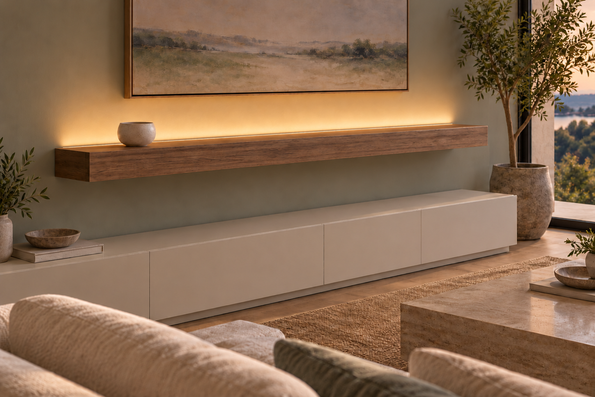 Gentry Stinson Walnut Floating Shelf | 72″ × 10″ × 4″ | Standard Mount | Natural | LED Light Ready — Top Rear location; rendering with separately supplied LED tape
