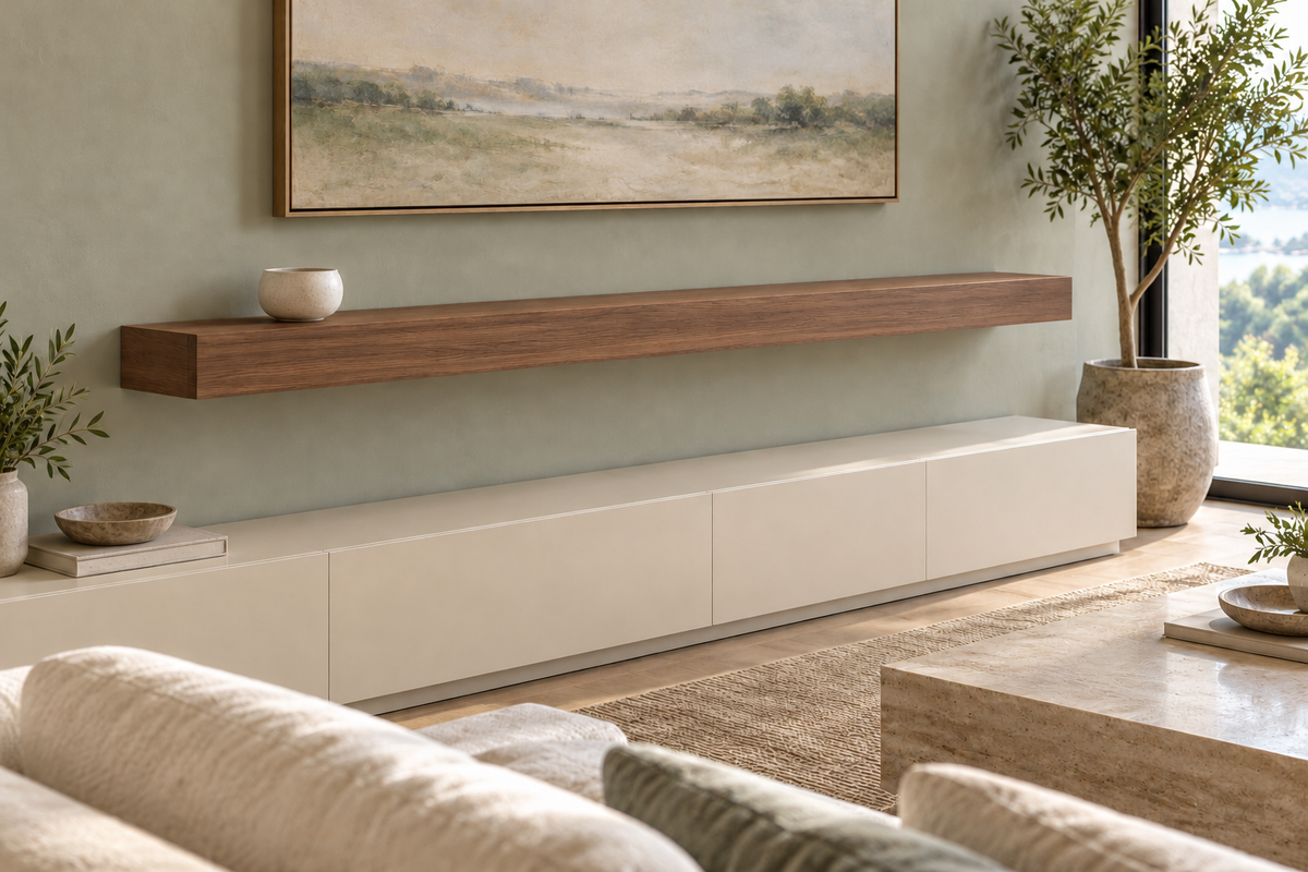 72 × 10 × 4 inch natural walnut floating shelf, standard mount, unlit, living-room rendering