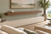 72 × 10 × 4 inch natural walnut floating shelf, standard mount, unlit, living-room rendering