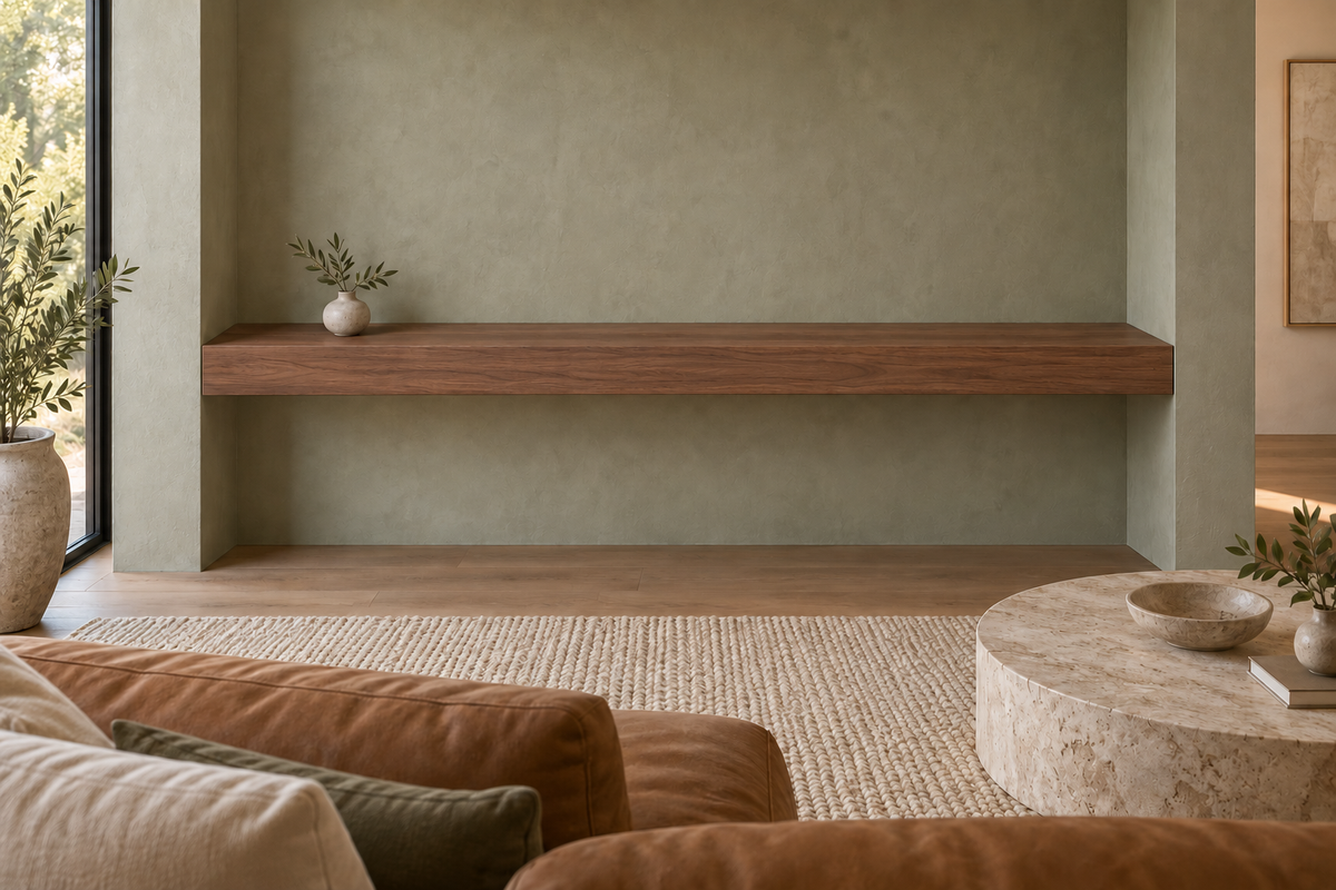 72 × 10 × 4 inch natural walnut floating shelf, wall-to-wall mount, unlit, living-room rendering