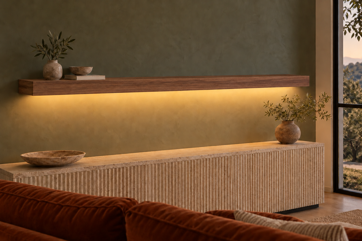 72 × 8 × 3 inch natural walnut floating shelf, standard mount, LED-ready Bottom Front location shown with separately supplied lighting, living-room rendering