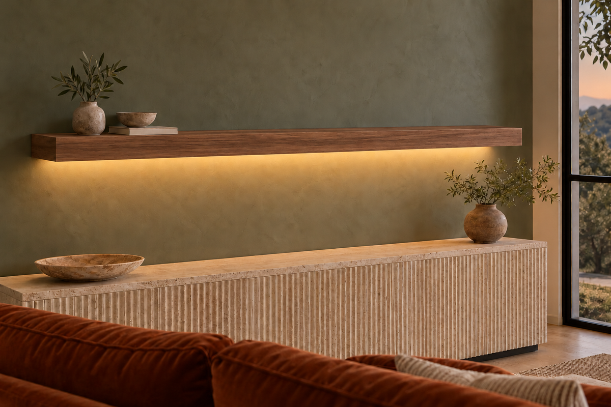 72 × 8 × 3 inch natural walnut floating shelf, standard mount, LED-ready Bottom Rear location shown with separately supplied lighting, living-room rendering