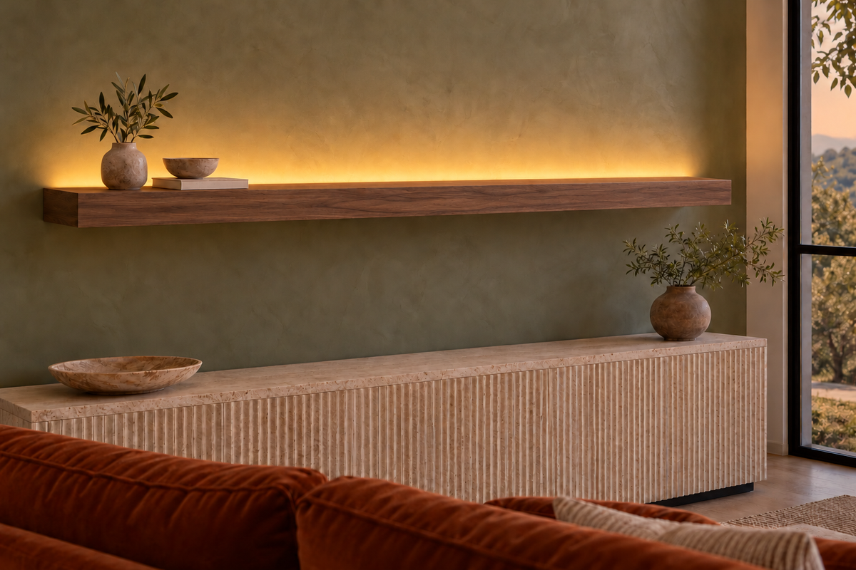 72 × 8 × 3 inch natural walnut floating shelf, standard mount, LED-ready Top Rear location shown with separately supplied lighting, living-room rendering