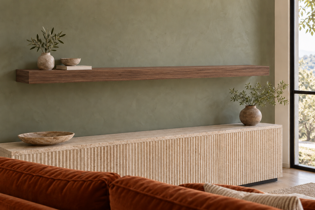 72 × 8 × 3 inch natural walnut floating shelf, standard mount, unlit, living-room rendering