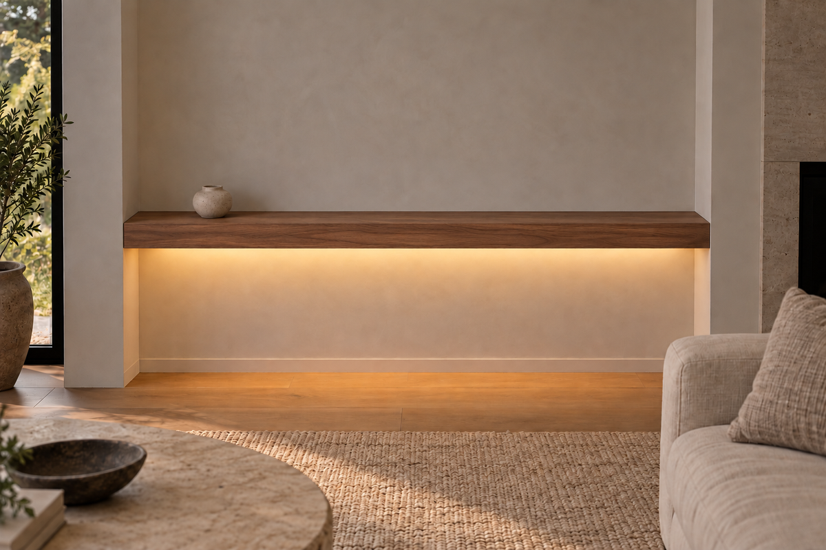 Gentry Stinson Walnut Floating Shelf | 72″ × 8″ × 3″ | Wall to Wall | Natural | LED Light Ready — Bottom Front location; rendering with separately supplied LED tape