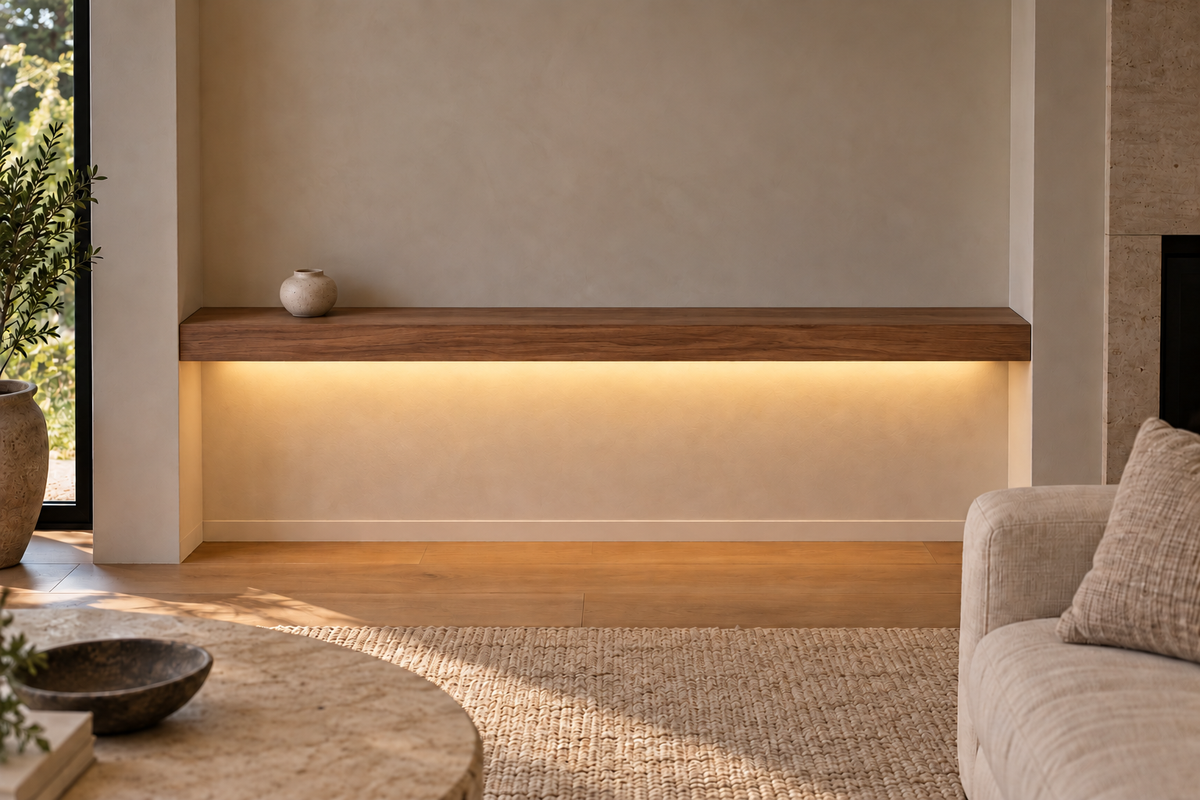 Gentry Stinson Walnut Floating Shelf | 72″ × 8″ × 3″ | Wall to Wall | Natural | LED Light Ready — Bottom Rear location; rendering with separately supplied LED tape