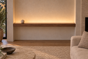 Gentry Stinson Walnut Floating Shelf | 72″ × 8″ × 3″ | Wall to Wall | Natural | LED Light Ready — Top Front location; rendering with separately supplied LED tape