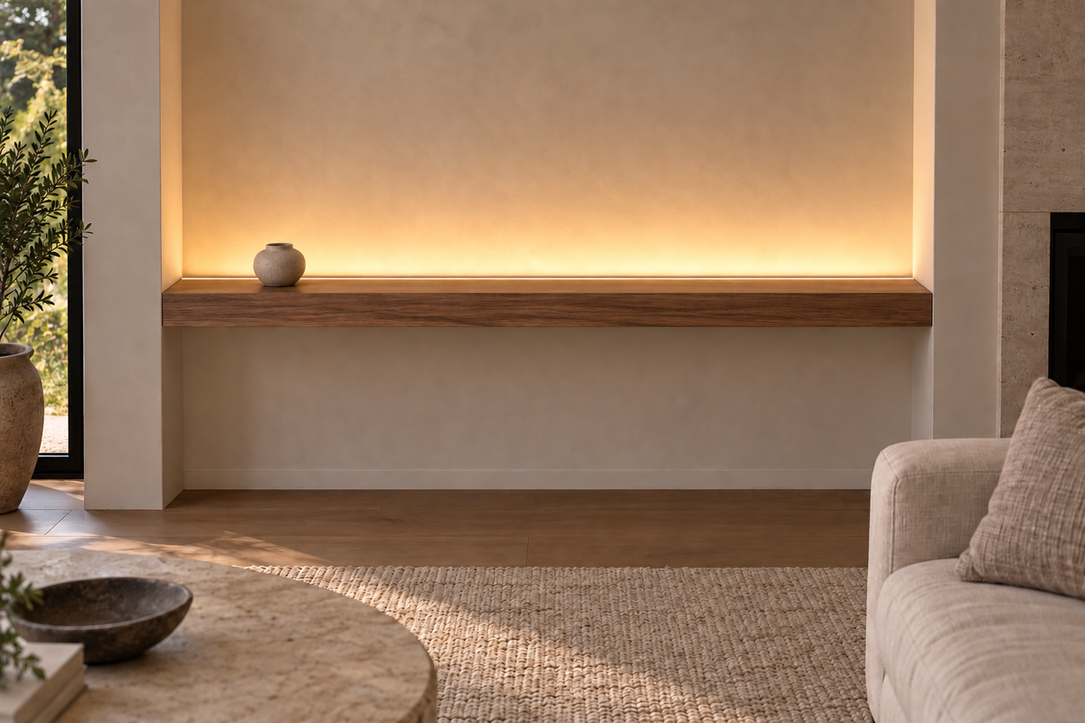 Gentry Stinson Walnut Floating Shelf | 72″ × 8″ × 3″ | Wall to Wall | Natural | LED Light Ready — Top Rear location; rendering with separately supplied LED tape