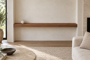 72 × 8 × 3 inch natural walnut floating shelf, wall-to-wall mount, unlit, living-room rendering