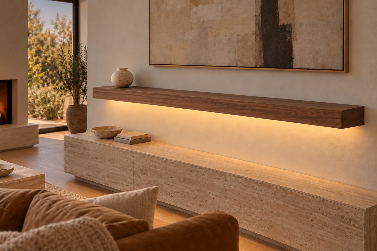 Gentry Stinson Walnut Floating Shelf | 72″ × 8″ × 4″ | Standard Mount | Natural | LED Light Ready — Bottom Front location; rendering with separately supplied LED tape