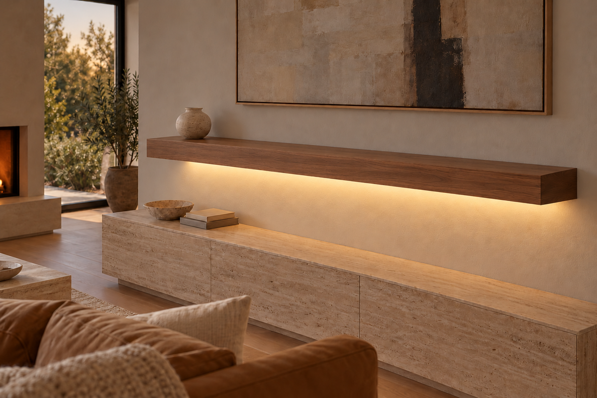 Gentry Stinson Walnut Floating Shelf | 72″ × 8″ × 4″ | Standard Mount | Natural | LED Light Ready — Bottom Rear location; rendering with separately supplied LED tape