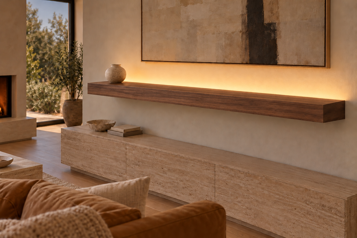 Gentry Stinson Walnut Floating Shelf | 72″ × 8″ × 4″ | Standard Mount | Natural | LED Light Ready — Top Rear location; rendering with separately supplied LED tape