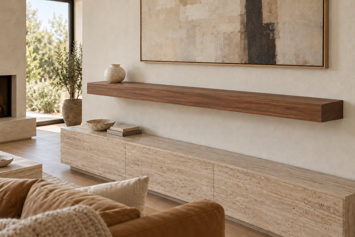 72 × 8 × 4 inch natural walnut floating shelf, standard mount, unlit, living-room rendering