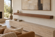 72 × 8 × 4 inch natural walnut floating shelf, standard mount, unlit, living-room rendering