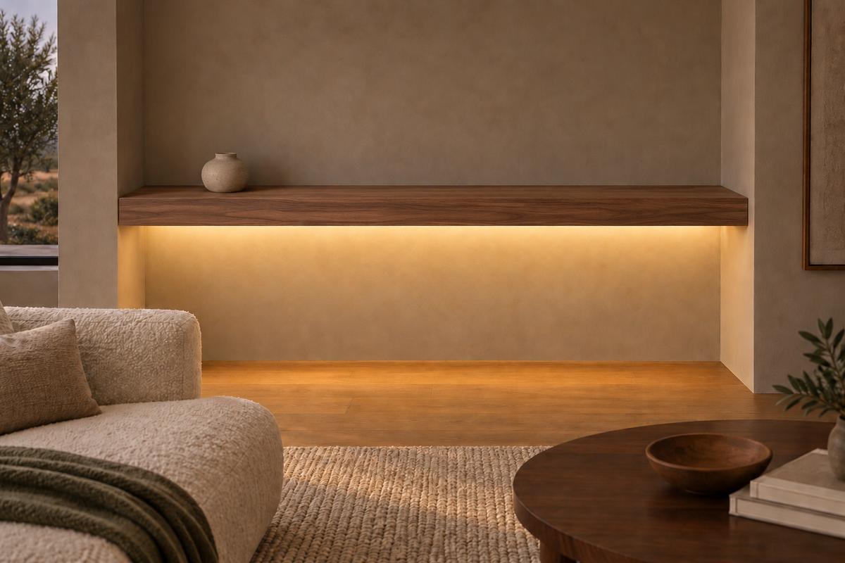 Gentry Stinson Walnut Floating Shelf | 72″ × 8″ × 4″ | Wall to Wall | Natural | LED Light Ready — Bottom Front location; rendering with separately supplied LED tape