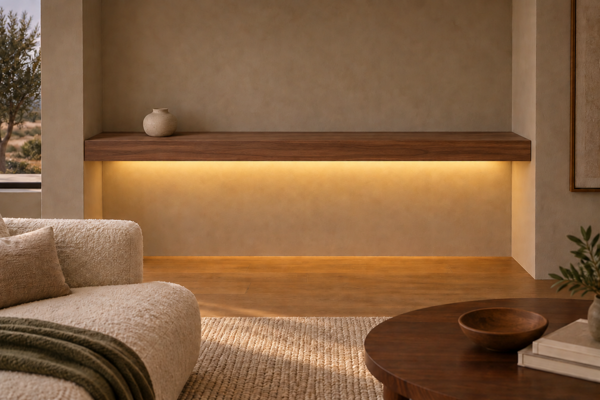 Gentry Stinson Walnut Floating Shelf | 72″ × 8″ × 4″ | Wall to Wall | Natural | LED Light Ready — Bottom Rear location; rendering with separately supplied LED tape