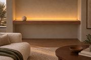 Gentry Stinson Walnut Floating Shelf | 72″ × 8″ × 4″ | Wall to Wall | Natural | LED Light Ready — Top Front location; rendering with separately supplied LED tape