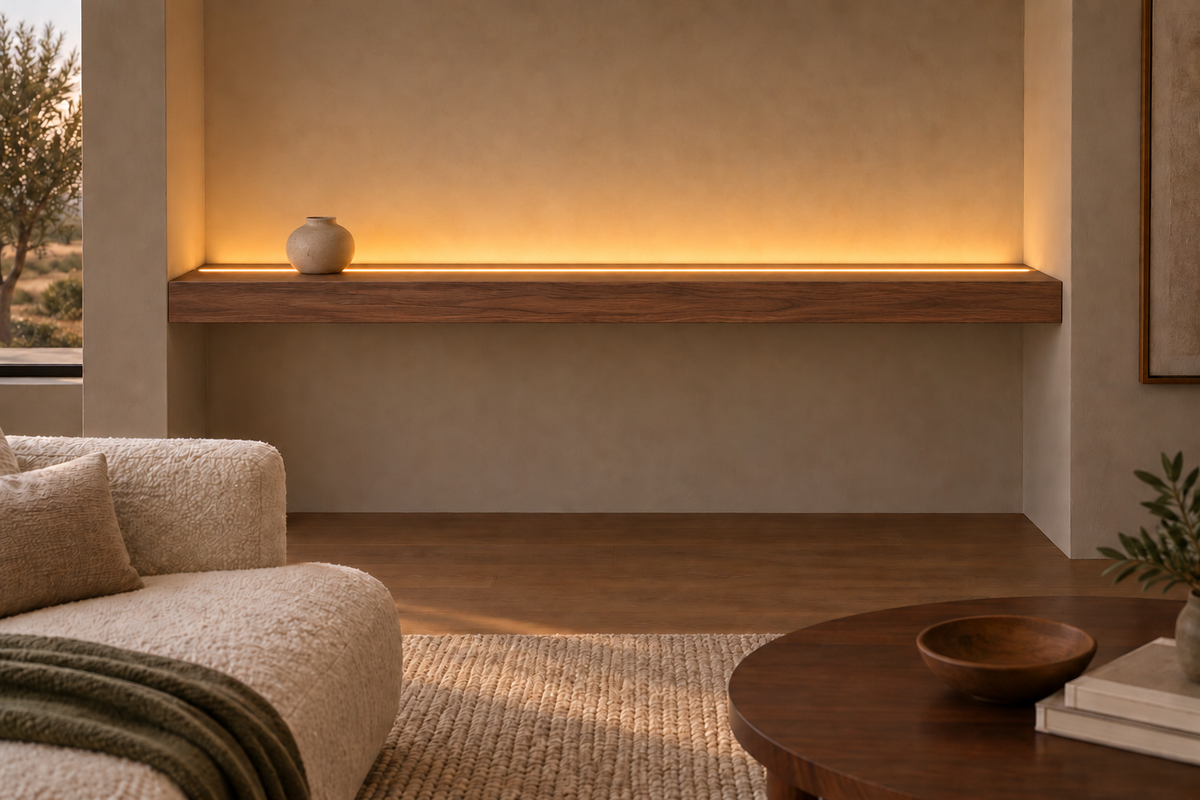 Gentry Stinson Walnut Floating Shelf | 72″ × 8″ × 4″ | Wall to Wall | Natural | LED Light Ready — Top Front location; rendering with separately supplied LED tape