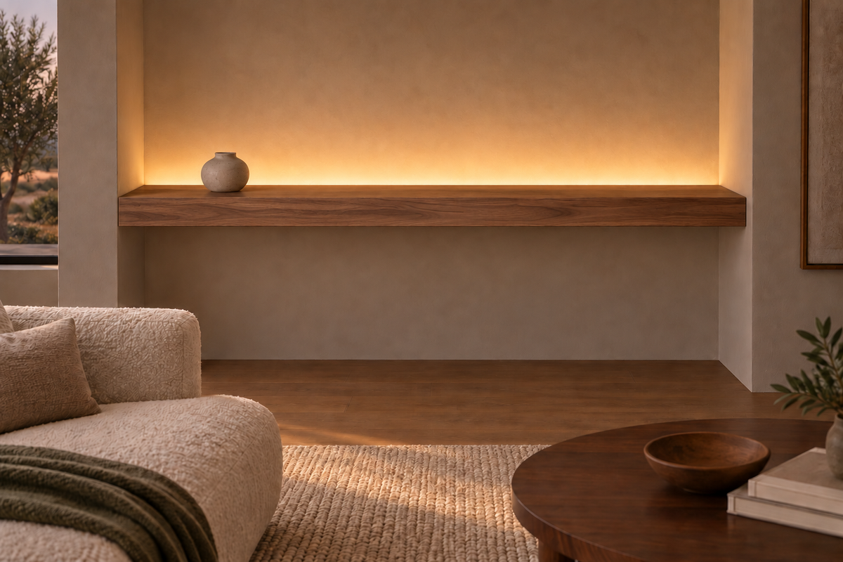 Gentry Stinson Walnut Floating Shelf | 72″ × 8″ × 4″ | Wall to Wall | Natural | LED Light Ready — Top Rear location; rendering with separately supplied LED tape