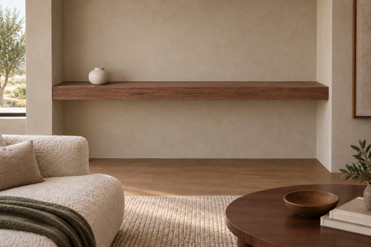 72 × 8 × 4 inch natural walnut floating shelf, wall-to-wall mount, unlit, living-room rendering