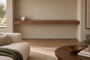 72 × 8 × 4 inch natural walnut floating shelf, wall-to-wall mount, unlit, living-room rendering