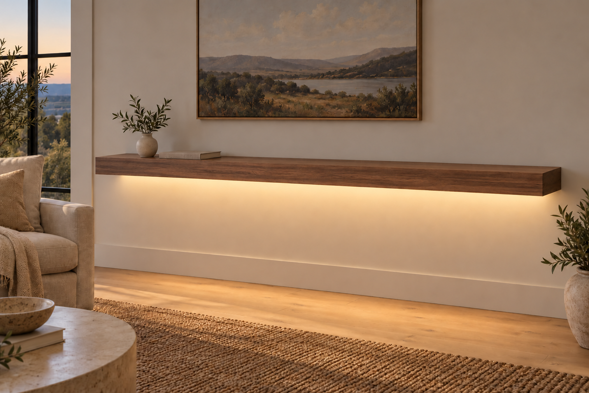 78 × 10 × 3 inch natural walnut floating shelf, standard mount, LED-ready Bottom Front location shown with separately supplied lighting, living-room rendering